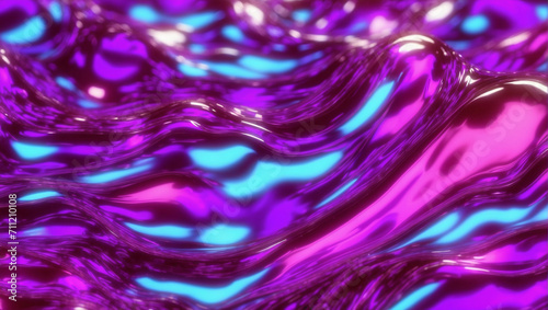 Abstract background filled with metallic liquid waves with a shiny finish. The combination of purple and aqua colors forms a futuristic wave pattern that creates a dynamic and modern look.