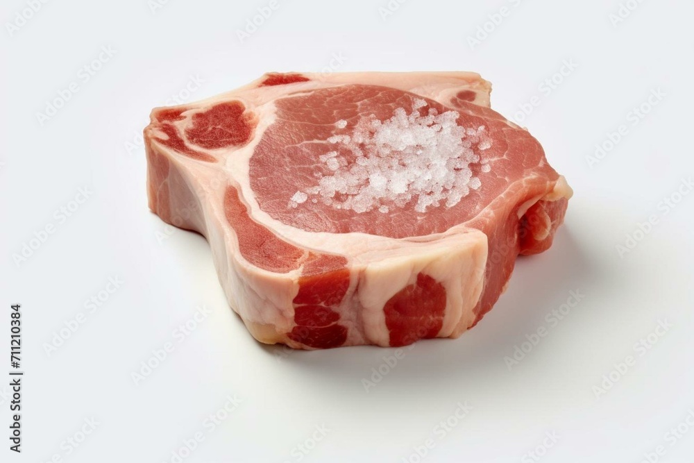 White background with a singular uncooked pork chop. Generative AI