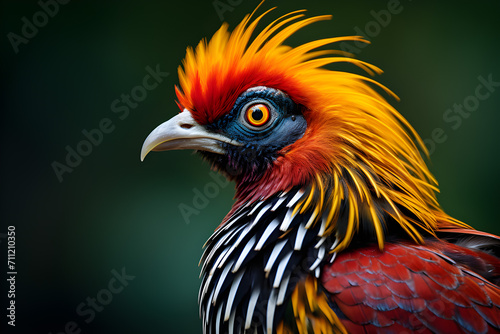This stunning photograph captures the intricate details and vibrant colors of a Golden Pheasant in a mesmerizing close-up shot. © JewJew