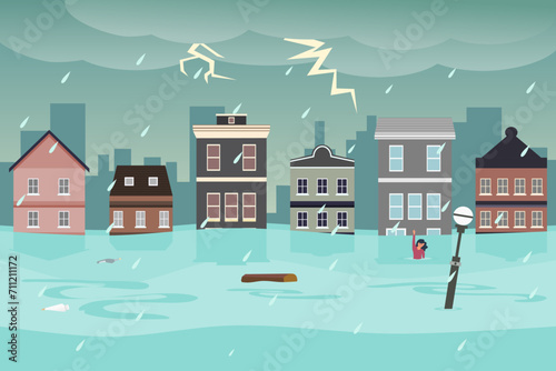Flood disaster in town with rain and storm. Flooded buildings. Climate change. Vector illustration. photo