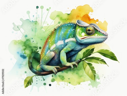 Chameleon Perched on Green Leafy Branch in Watercolor Illustration