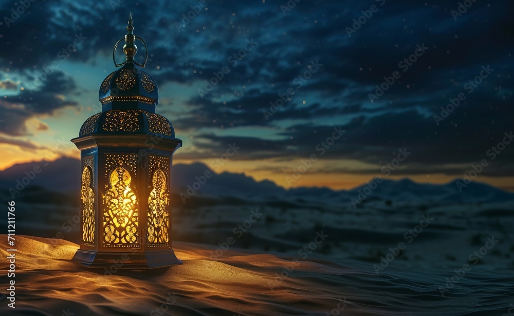 Desert Oasis Luminescence: Unveiling a Lantern's Golden Glow in the Ebony Desert's Heart - An Eastern Tapestry of Dreamlike Beauty Woven in Deep Blue and Gold