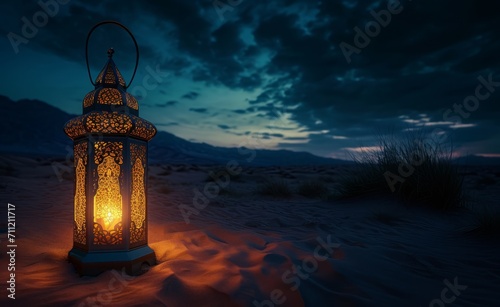 Desert Luminescence: A Lantern's Tale Unveiled in the Sands, Where East Meets West in a Symphony of Gold and Blue photo