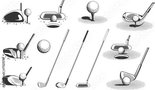 Golf clubs and a ball. Retro monochrome vector illustration. photo