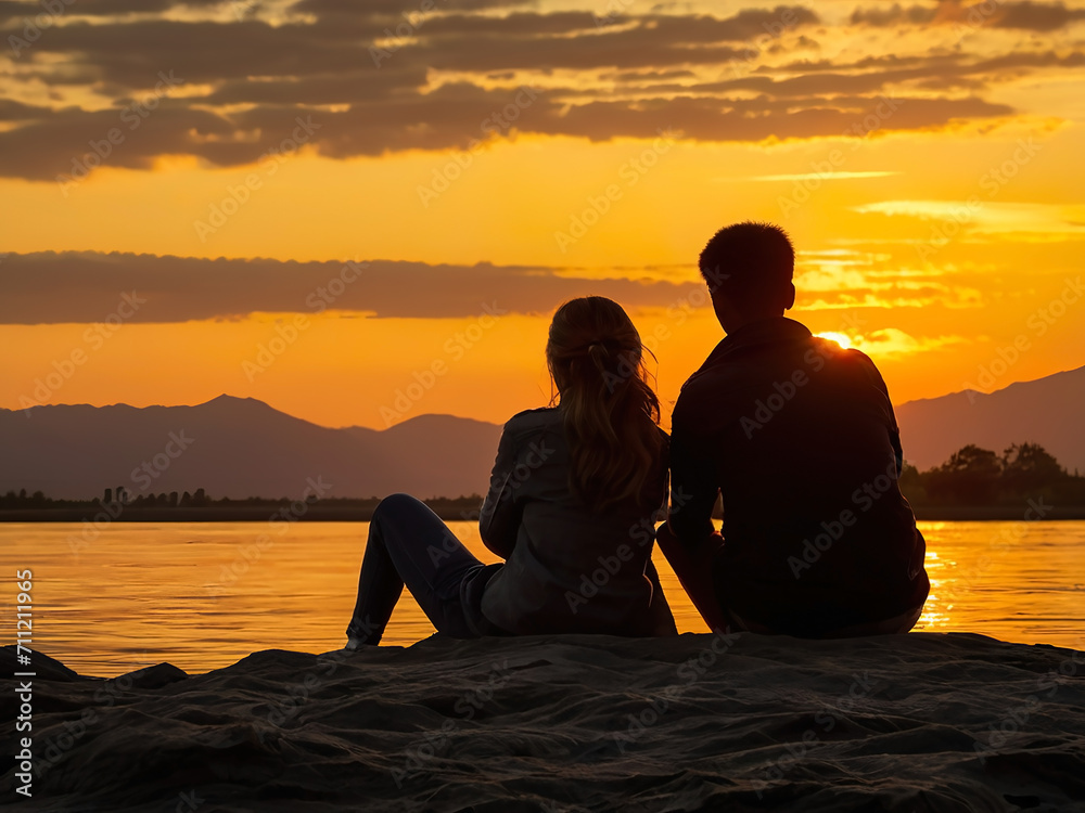 Silhouettes behind a sweet couple, sitting on the riverbank watching the sun set. happily