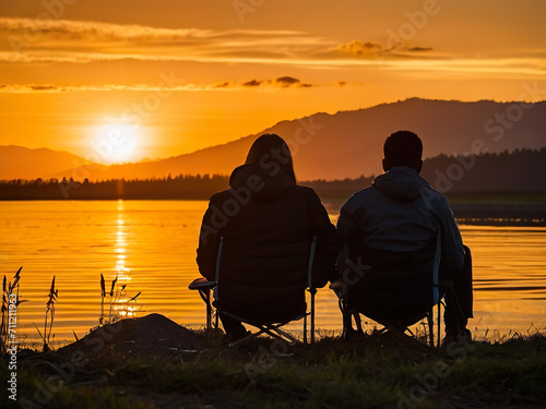 The silhouette behind the couple, sitting in a chair on the riverbank watching the beautiful sunset, along the mountainside 