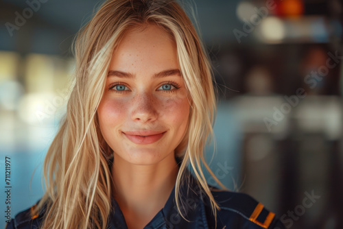 Blonde woman wearing Emergency Services Dispatcher uniform on duty