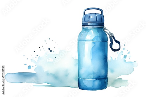 Watercolor blue sport water bottle on white background. Hand drawn illustration