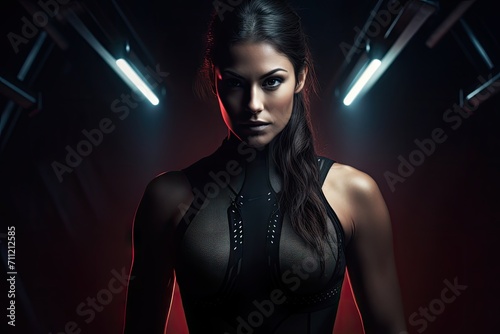 Futuristic woman in dark attire with dramatic lighting on a red and black background.