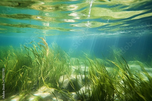 Underwater seagrass sways rhythmically with ocean current. Generative AI photo