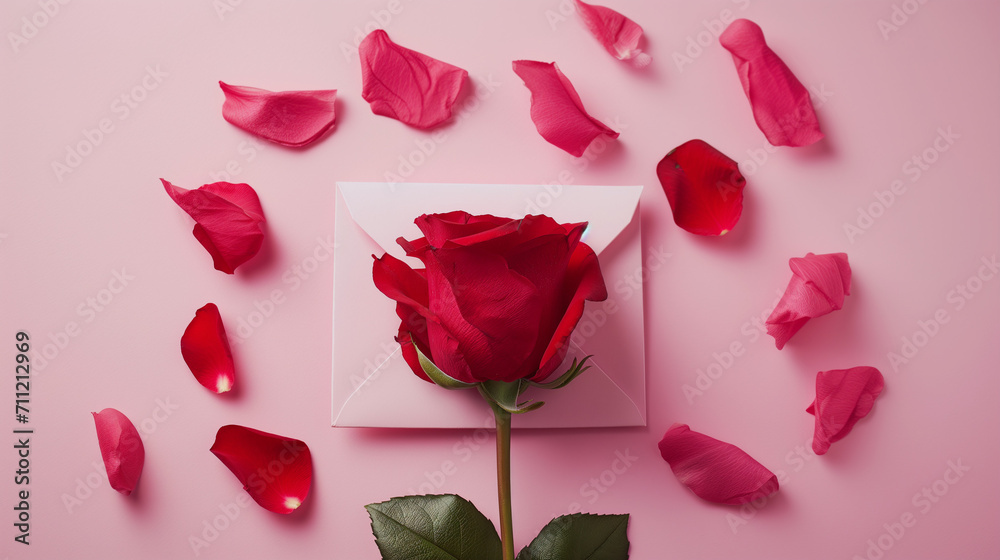 Valentine Red Rose flowers and petal envelope on pastel pink background. Valentine Red Rose flowers and petal envelope on pastel pink background.