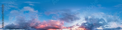 Seamless hdr 360 panorama of sunset sky with bright pink Cumulus clouds, suitable for aerial drone panoramas and sky replacement