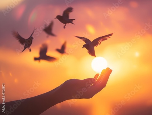 A Divine Tapestry of Grace: Birds of Elysium Dance Above Gentle Hands at Sunset's Golden Hour, Where Nature's Heartbeat Flows with Peace and Compassion