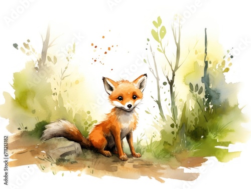 Watercolor Painting of Fox Sitting on Ground. Watercolor illustration.