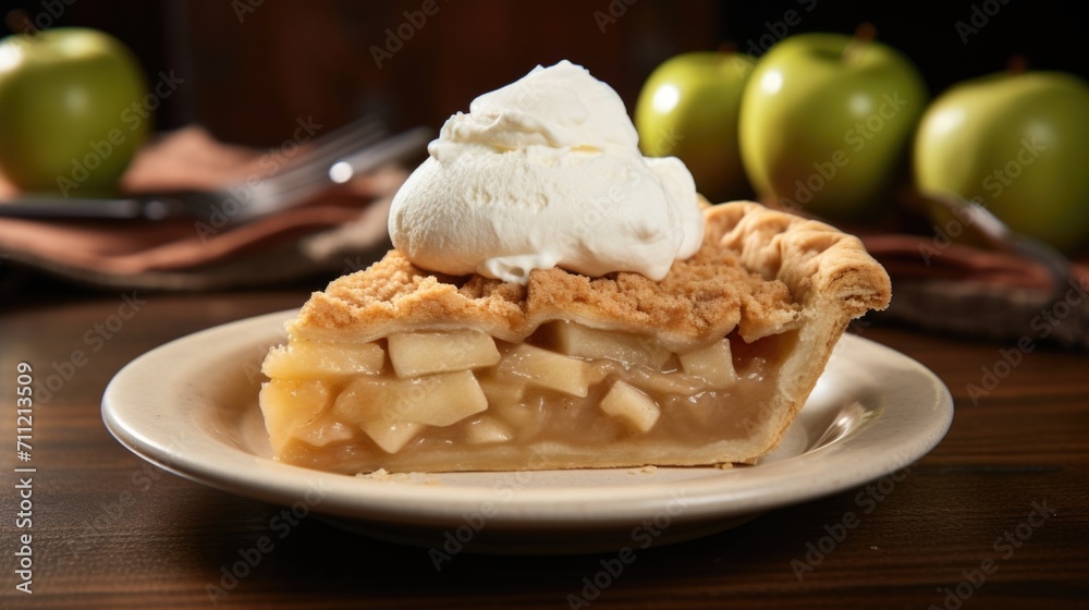 An inviting photograph portraying a slice of apple pie gracefully topped with a generous dollop of freshly whipped cream, delicately dusted with cinnamon, adding an extra layer of richness An inviting photograph portraying a slice of apple pie gracefully topped with a generous dollop of freshly whipped cream, delicately dusted with cinnamon, adding an extra layer of richness