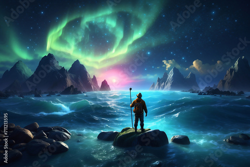 silhouette of man with aurora background © Maizul