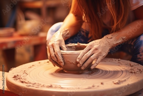 Teenage girl molds clay pot on spinning wheel. photo