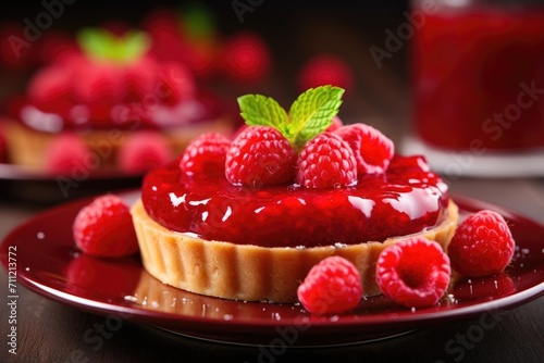 A shot revealing a small  individual raspberry tart  with its size enhancing the quaintness and precision of each delectable raspberry topping adorning the sumptuous filling.