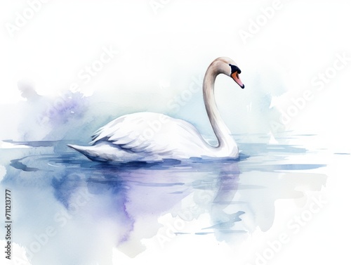 White Swan Floating on Top of Body of Water. Watercolor illustration. © keystoker
