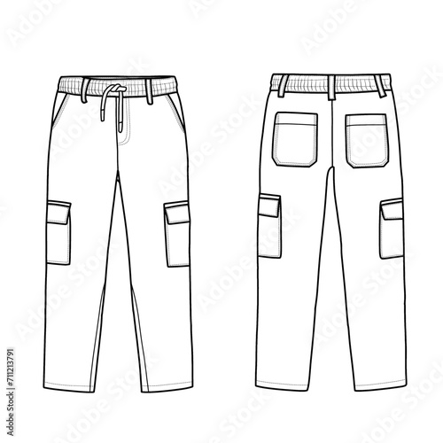 Men's cargo trousers front and back view, flat sketch fashion illustration
