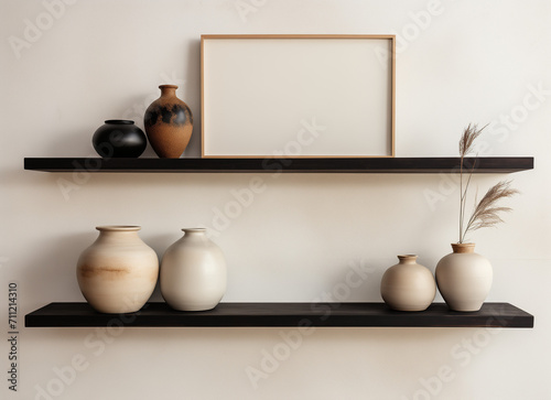 mockup  shelves and vases with blank poster on wall for art design  in the style of zen-inspired  black and beige  