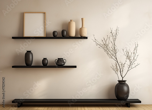 mockup, shelves and vases with blank poster on wall for art design, in the style of zen-inspired, black and beige, 