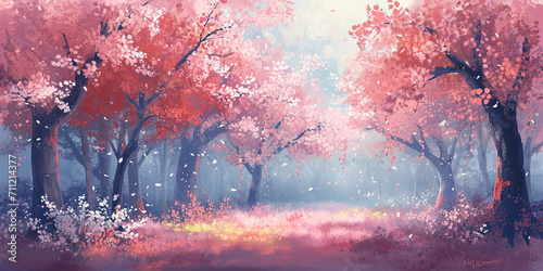 Cherry blossom trees woodland forest, Japan, Japanese blossoms tree, Seasonal pink bloom, generated ai photo