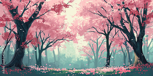Cherry blossom trees woodland forest, Japan, Japanese blossoms tree, Seasonal pink bloom, generated ai #711214381
