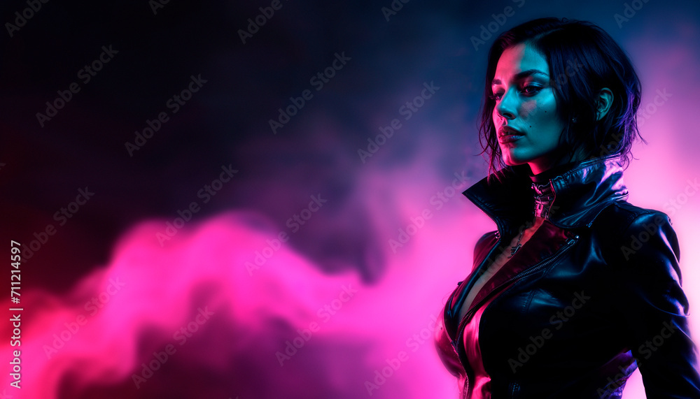 A vampire female figure with a futuristic cyberpunk aesthetic is positioned against a vibrant neon light backdrop. A vampire female figure with a futuristic cyberpunk aesthetic is positioned against a vibrant neon light backdrop.