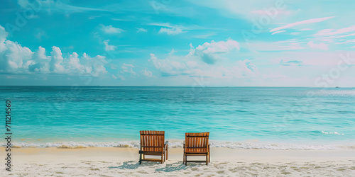 Chairs on paradise tropical beach, relaxing goals, couple destination, ocean background, generated ai © dan