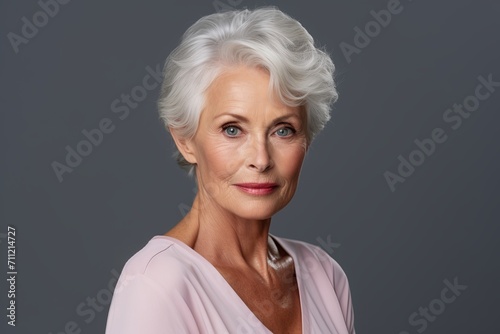 Beautiful mature woman. Portrait of beautiful mature woman looking at camera and smiling while standing against grey background