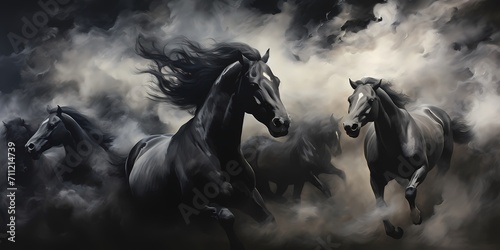 herd of horses with smoke, black and white drawing illustration