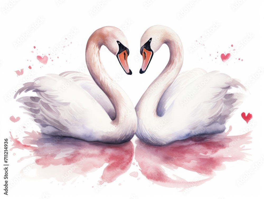 Fototapeta premium Two Swans Sitting Together in Water, Peaceful and Graceful Birds. Watercolor illustration. Valentine's Day mood.