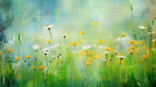 Fototapeta Naklejka Na Ścianę i Meble -  fresh green spring background illustration vibrant foliage, leaves renewal, blossoms flowers fresh green spring background