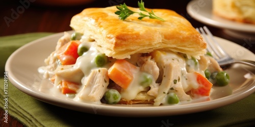 A mouthwatering closeup highlighting a biscuit, split open and filled with a generous serving of creamy chicken pot pie filling, overflowing with chunks of tender chicken and colorful vegetables.