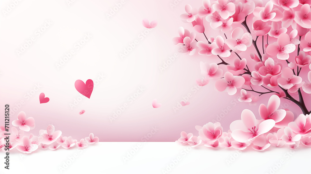 Several pink flowers and pink heart shape on the pink room wall.	