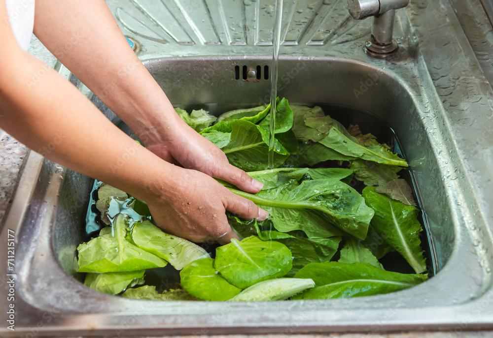 Woman washing vegetables at the sink in home kitchen, vegetable washing with water food hygiene and food safty concept. Woman washing vegetables at the sink in home kitchen, vegetable washing with water food hygiene and food safty concept.