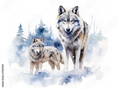 A Painting of Two Wolves in the Snow. Watercolor illustration. © keystoker