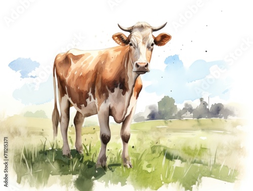 Brown Cow Standing on Lush Green Field. Watercolor illustration.