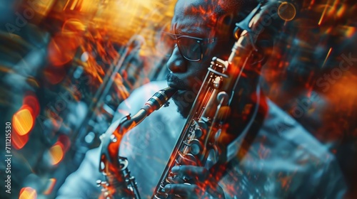 A montage of closeup shots of individual musicians in a jazz performance each lost in their own unique improvisation yet still harmoniously creating together photo