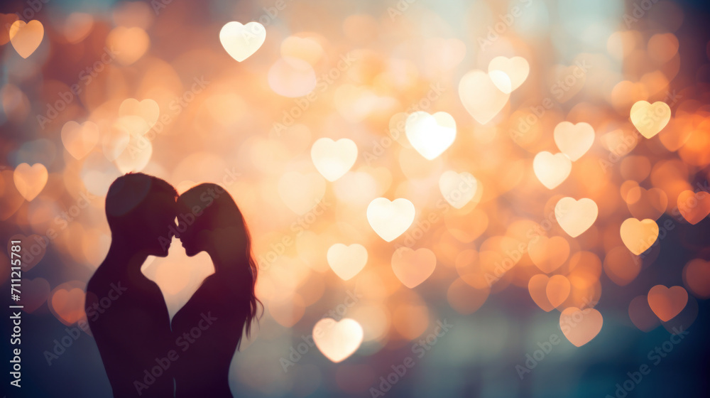 Silhouette of a couple in love with heart bokeh background - obrazy, fototapety, plakaty 