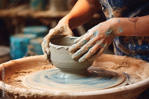 Woman making ceramic cup on potters wheel. photo