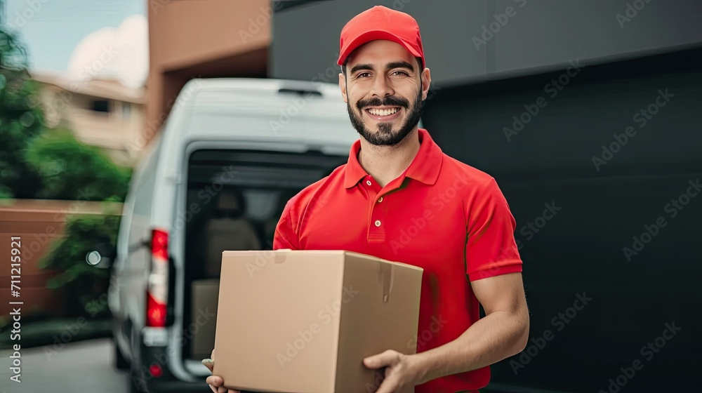 Delivery courier service, delivery man in red cap and uniform holding a cardboard box near a van truck delivering to customer home, smiling man postal delivery man delivering a package Delivery courier service, delivery man in red cap and uniform holding a cardboard box near a van truck delivering to customer home, smiling man postal delivery man delivering a package