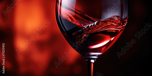 Close up of beautiful glass with swirling red wine on dark background