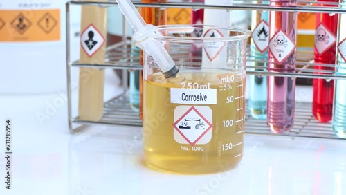 Corrosive Symbols of chemicals in test tubes, chemicals in the laboratory or industry