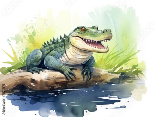 Watercolor Painting of a Crocodile With Open Mouth