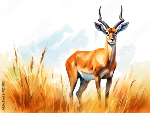 Painting of a Gazelle Standing in Field - Nature Wildlife Artwork Picture. Watercolor illustration.