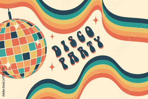 Disco ball. Disco party. Groovy. Template for postcard, poster, banner. Clockwork elements in retro hippie style of 70s.