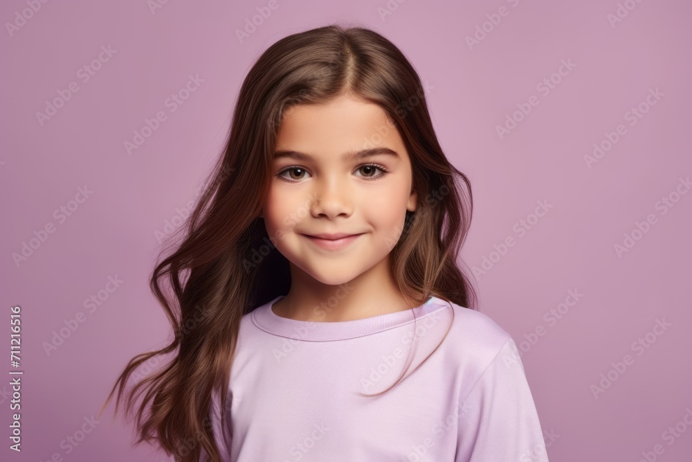 Portrait of a cute little girl with long brown hair on a purple background. Portrait of a cute little girl with long brown hair on a purple background.