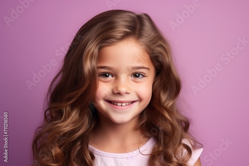 Portrait of a cute little girl with long wavy hair on a purple background